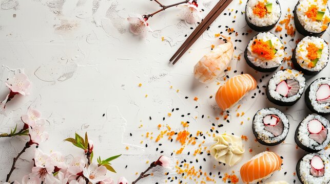 sushi on a beautiful white table with spring flowers, sushi for Easter, copy space