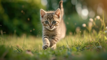 Obraz premium Cute little kitten jumping on green grass, Happy kitten playing in spring park, generative ai