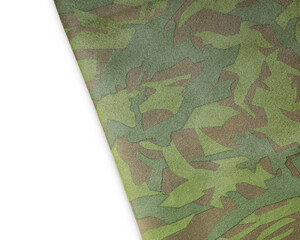 Camouflage fabric isolated on white, top view