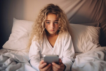 Sad girl lies on the bed with smartphone. Hobbies of modern teenagers. High quality photo