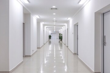 It's beautiful long white empty corridor in interior of entrance hall of modern apartments
