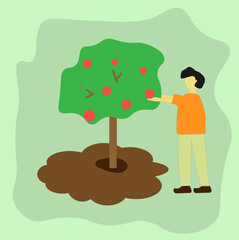 Man, tree, collect, plant, earth, harvest, apples, fruit, red, green, orange, black, brown, green
