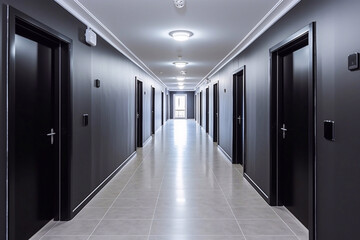 It's beautiful simple clean newly built generic modern new real estate block of flats interior, long black corridor with black doors, perspective