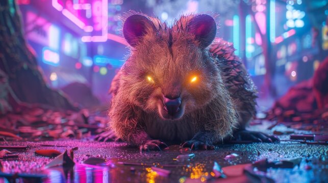 A quokka cleaning under neon skies, reflecting on past joys now faded. A somber glow in its eyes.