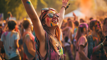 Happy young woman having fun and dancing in crowd at Holi festival of colors, summer party or music festival