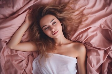 Obraz na płótnie Canvas Woman lying in bed Beautiful relaxed girl portrait