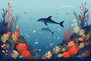 Fototapeta na wymiar Marine life, dolphins, algae