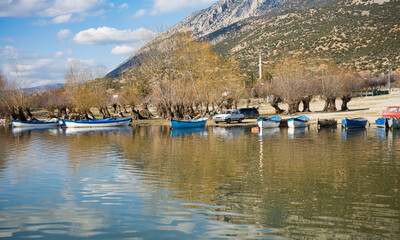 Decorated day-trip boats in Isikli Lake in Denizli's Civril district. Isıkli Lake is flooded with visitors during lotus time. It is also a popular lake for hunters.