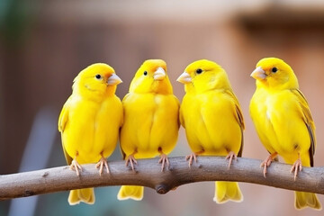 Funny yellow Canaries, serinus canaria standing on Branch - obrazy, fototapety, plakaty