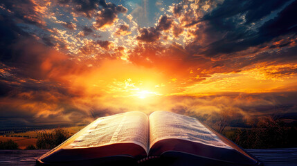 Dramatic scene with a bible on a wooden surface against a sunset, signaling the end of a day and the contemplation it brings - obrazy, fototapety, plakaty