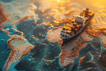 cargo container ship model over the world map. Shipownersip, wealth, transportation concept. High quality photo