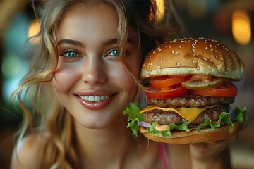 portrait of woman eating delicious cheeseburger on color background