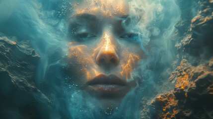 a close up of a woman s face in the water - obrazy, fototapety, plakaty