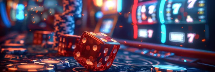 Fotobehang Blurred interior of slots machines at the Casino games and close up shot of dice. © Yuliia