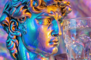Cyber David in an ancient world showcasing iridescent holographic alcohol under the soft glow of technology