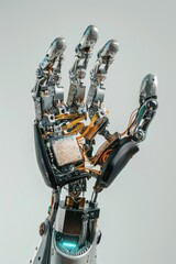 Cybernetic hand with tool under studio spotlight white background enhancing detail