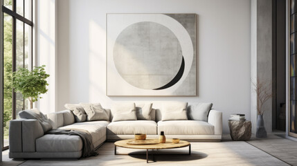 A stylish living room with a grey sofa, a white round table, and an abstract wall art 
