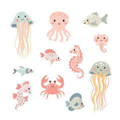 Vector illustration of sea animals and fish on a white background