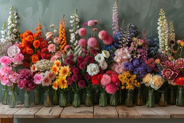 row of various flowers on wooden table