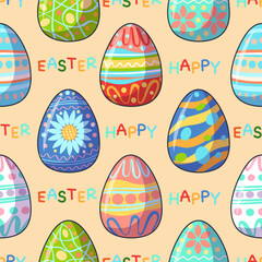 Happy Easter seamless pattern. Easter eggs with traditional floral or geometric pattern