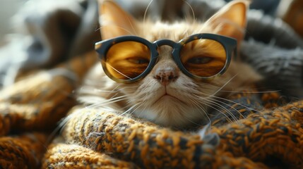 A Felidae with whiskers wearing shades and a sweater lounges on a blanket