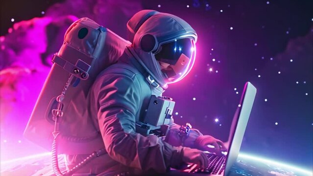 Astronaut in space working with laptop