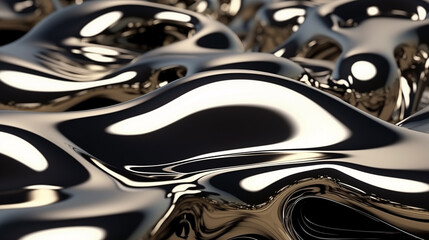 Abstract 3D render of liquid metal waves in a fluid organic design