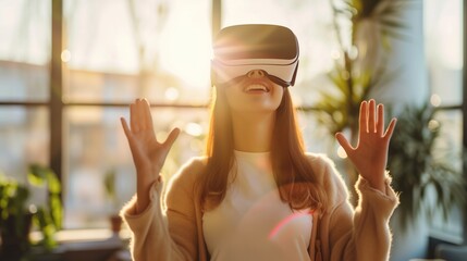 Smile happy woman playing game in virtual reality glasses getting experience using VR headset glasses of virtual reality at home, generative ai