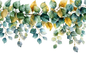 Watercolor Seamless Border with Green Gold Leaves and Branches. Illustration.