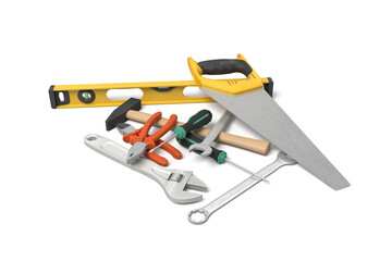 Array of hand tools on a white surface