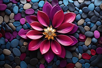 a purple flower with a gold center surrounded by small rocks - Powered by Adobe