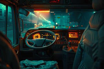The interior of a truck’s cabin at night, illuminated by the dashboard lights, depicting the solitude of long-haul journeys.