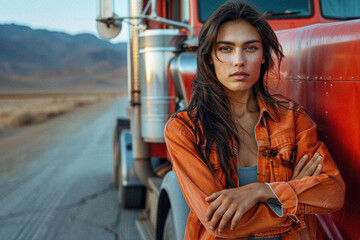 A portrait of a confident female truck driver leaning against her brightly colored semi-truck, with a vast desert landscape stretching out behind her, symbolizing freedom and strength.