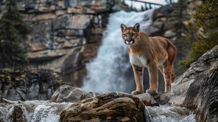 Puma at the falls, a mountain lion captured in a powerful wildlife portrait, showcasing the untamed beauty of this fierce creature in its natural habitat