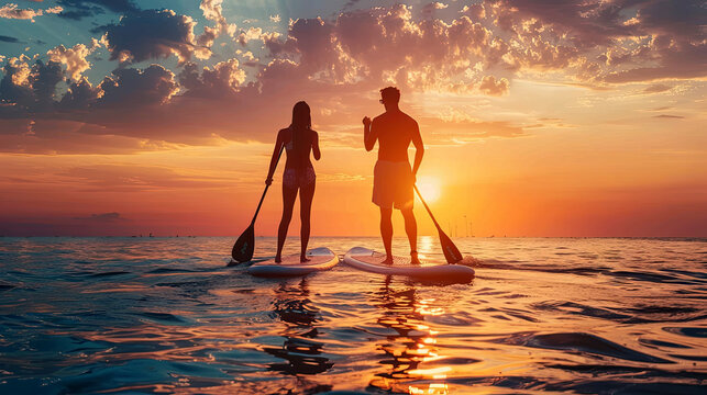 Stand up paddle boarding. Young couple love floating on a SUP board under the beautiful sunset. The adventure of the sea with blue water on a surfing. AI Generated.