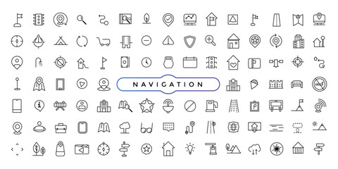 Fototapeta na wymiar Navigation icons set. Thin line icons for business, marketing, social media, UI and UX, finance and banking, navigation, mobile app.