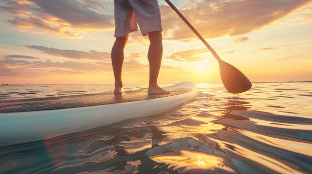 Stand up paddle boarding. Young man floating on a SUP board under the beautiful sunset. The adventure of the sea with blue water on a surfing. AI Generated.