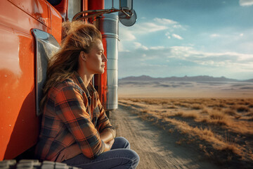 A portrait of a confident female truck driver leaning against her brightly colored semi-truck, with a vast desert landscape stretching out behind her, symbolizing freedom and strength. - obrazy, fototapety, plakaty