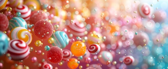 Levitating candy swirls and sparkling gumballs create an effervescent scene, as a bokeh glow infuses this whimsical, candy-themed dreamscape.