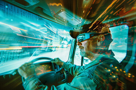A truck driver using augmented reality (AR) glasses to navigate and monitor road conditions, with digital overlays on the windshield. - Powered by Adobe