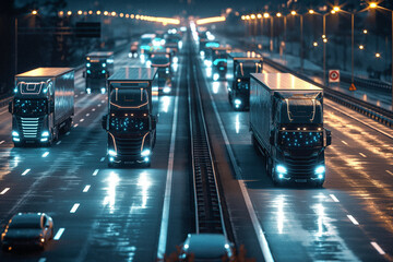 A convoy of driverless semi-trucks moving in sync on a smart highway, with LED displays showing real-time logistics data. - obrazy, fototapety, plakaty