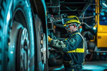 A mechanic wearing safety gear inspecting the undercarriage of a semi-truck in a well-equipped workshop. - obrazy, fototapety, plakaty