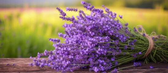 Beautiful lavender flowers in bloom arranged on a rustic wooden table in soft natural light