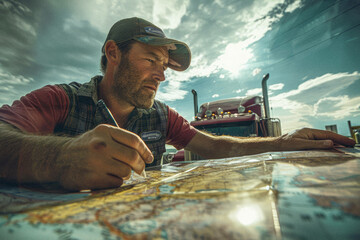 A truck driver carefully reviewing a map spread out on the hood of their truck, planning the day’s route. - obrazy, fototapety, plakaty