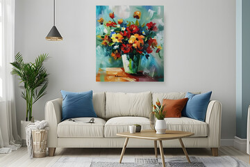 cozy living room with sofa and painting on the wall, small apartment