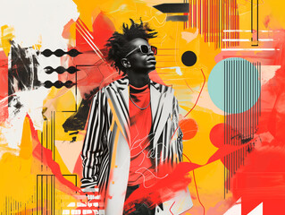 Stylish urban fashion african american model in abstract setting: trendy individual posing amidst vibrant, abstract art elements