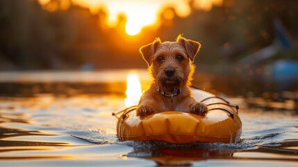 jack russell dog sitting on yellow canoe in lake sunset - obrazy, fototapety, plakaty