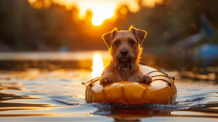 Foto op Canvas jack russell dog sitting on yellow canoe in lake sunset © andriyyavor