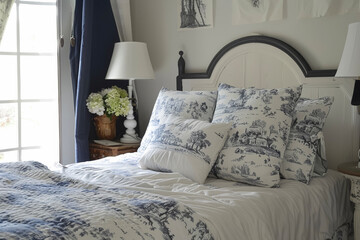 A guest room with a French style and a toile bedding
