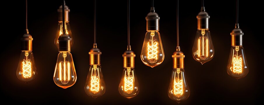 Decorative antique Edison style light bulbs, different shapes of retro lamps on dark background. Interior design decoration details. Set of vintage glowing light bulbs, loft interior